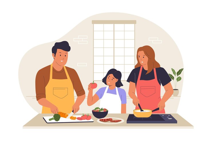 Vector la familia cocinando junta ilustración con los padres y el niño preparando comida en la cocina