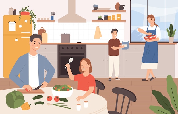 Familia cocinando juntos. Felices padres e hijos para hornear en la cocina. El hijo ayuda a la madre a cocinar. Familia con niños preparando el concepto de vector de comida. Padre cortando ensalada, hija en la mesa