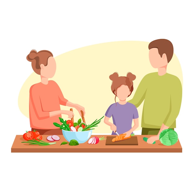 Vector la familia está cocinando. papá, mamá e hija. nutrición saludable. diseño de dibujos animados.