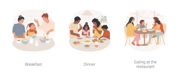 Familia comiendo juntos conjunto de ilustración de vector de dibujos animados aislado