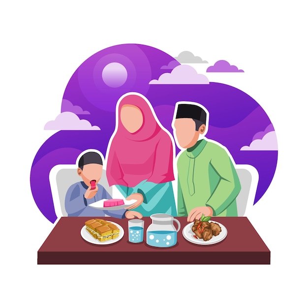 La familia está comiendo sahur en el mes de ramadán ilustración plana