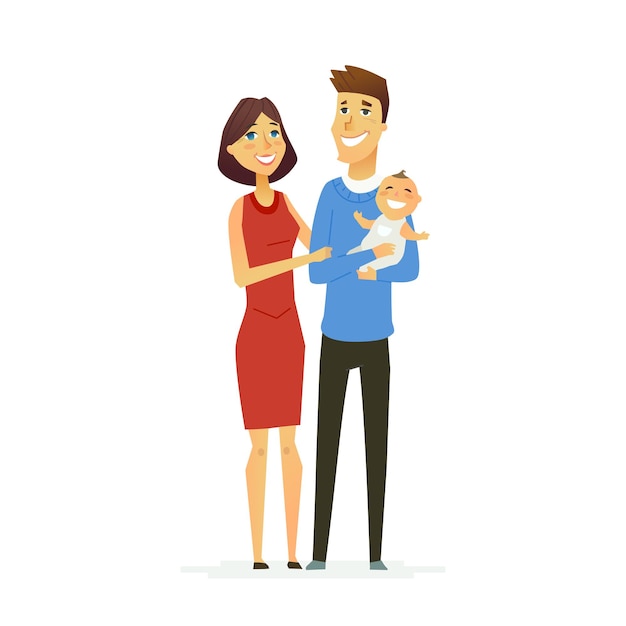 Familia - composición plana moderna del ejemplo del vector del color de los personajes de la gente de la historieta. Padre, madre, lindo bebé. Unidos y feliz.