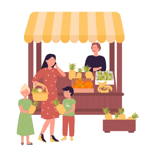 Familia comprando fruta fresca en el mercado local.