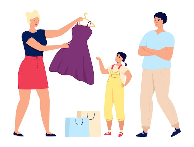 Vector familia comprando ropa. madre eligiendo vestido para niña. ilustración vectorial