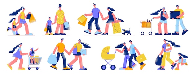 Familia compras comestibles electrónica parejas jóvenes cargando bolsas madre empujando carro con hija ilustración vectorial plana