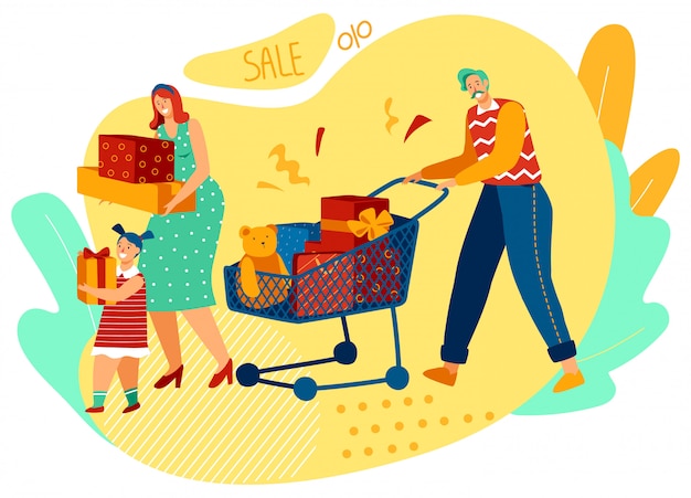 Familia de compras juntos, felices padres e hija comprando regalos, ilustración vectorial