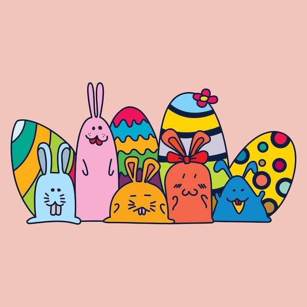 Familia de conejos y huevos coloridos en pascua