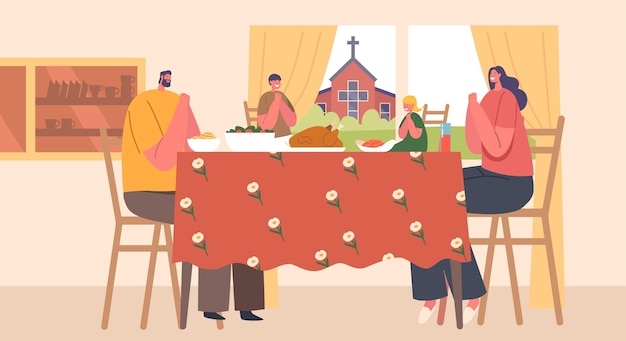 Familia cristiana ora junta durante la hora de la comida expresando unidad de fe y gratitud en su tradición espiritual