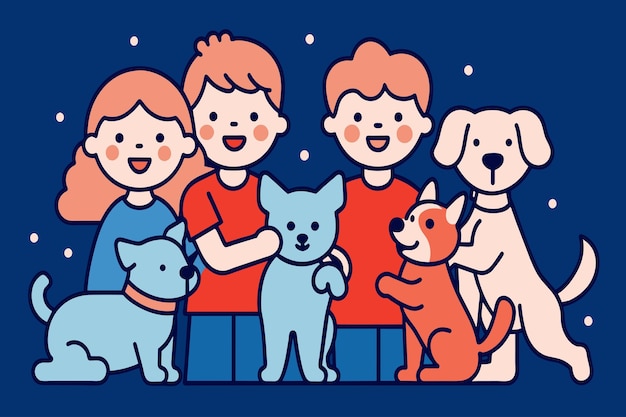 Una familia de cuatro personas y sus mascotas se muestran en un fondo azul