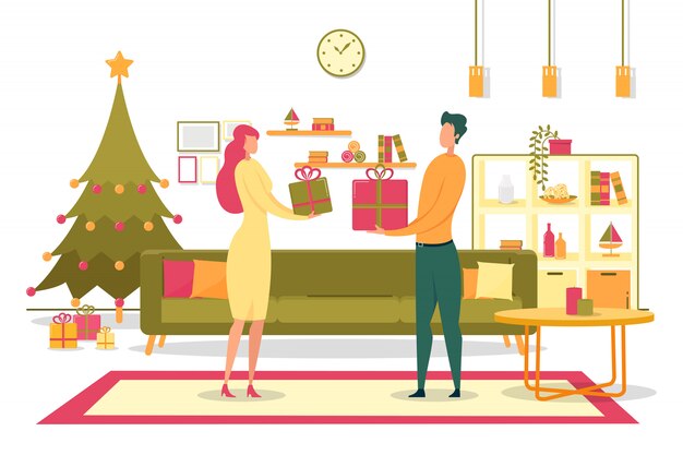 Familia dando regalos de Navidad ilustración plana