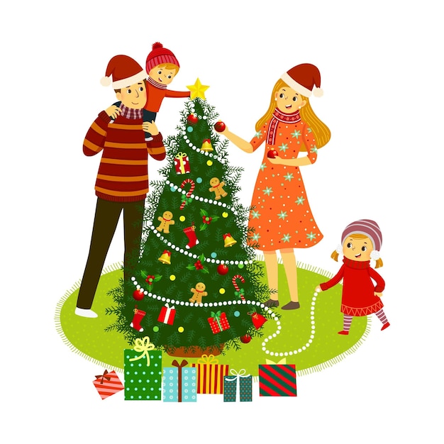 Una familia decora un árbol de Navidad