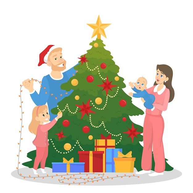 Familia decorando el árbol de navidad para la celebración. Decoración tradicional de vacaciones para fiesta. Gente feliz con regalos. ilustración