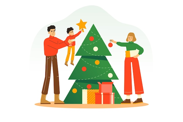 Familia decorando el árbol de navidad juntos para celebrar las vacaciones de navidad y año nuevo
