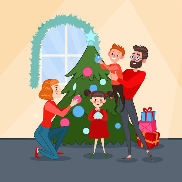 Vector familia decorando el árbol de navidad