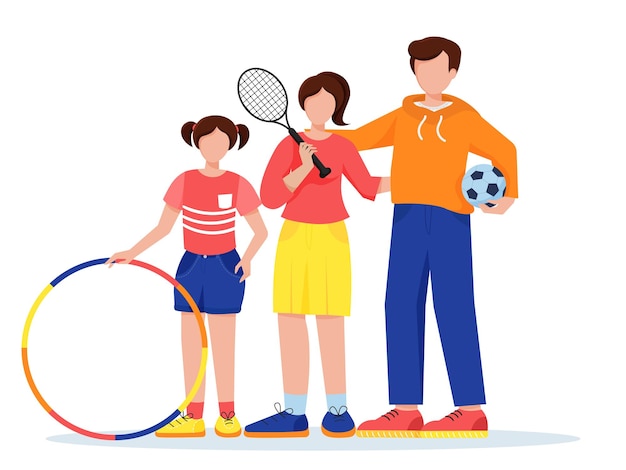 Vector familia de deportes mujer con una raqueta de tenis y hombre con una pelota de fútbol y niña con aro