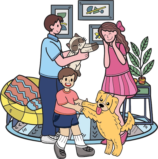 Familia dibujada a mano jugando con perro y gato en la ilustración de la sala de estar en estilo garabato