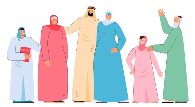 Familia de dibujos animados árabe feliz en ropas tradicionales