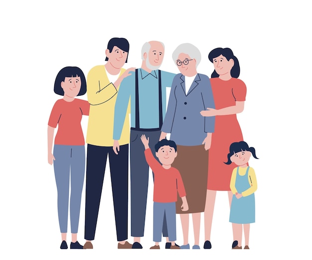 Familia de dibujos animados feliz abuela abuelo y niño Generaciones de pie juntos abuelos felices padres e hijos caracteres vectoriales planos recientes