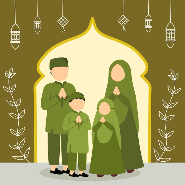 familia dibujos animados ilustración saludo eid mubarak