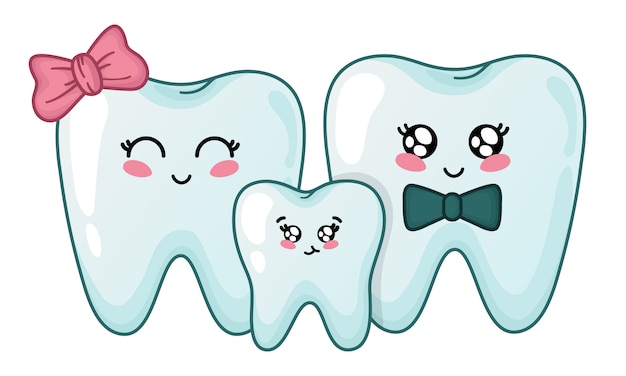 Vector familia de dientes kawaii - personajes de dibujos animados lindos