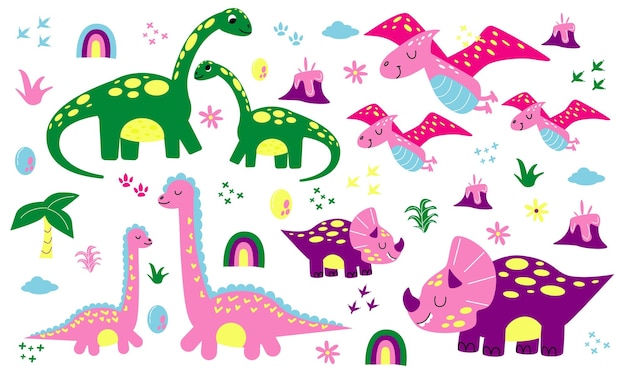 Familia de dinosaurios Madre e hijo Dino lindo Animales jurásicos felices Niños divertidos Dibujo al estilo Doodle Elementos decorativos de jardín de infantes Arco iris y huellas Ilustración plana aislada de dibujos animados