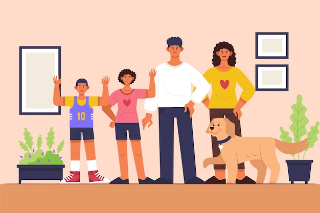 Familia de diseño plano con ilustración de mascotas