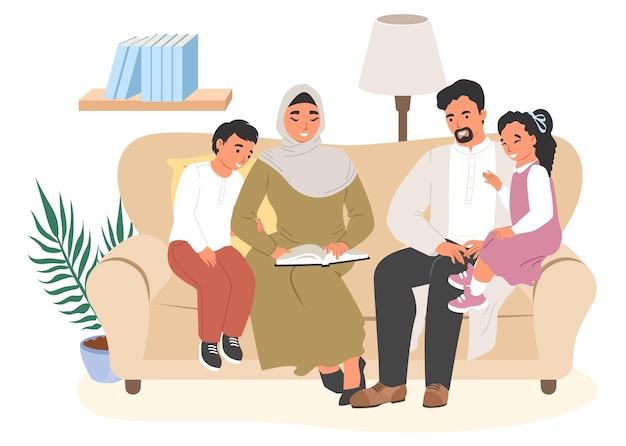 Una familia disfruta de un tiempo de calidad mientras lee un libro en un cómodo sofá en una cálida sala de estar dos