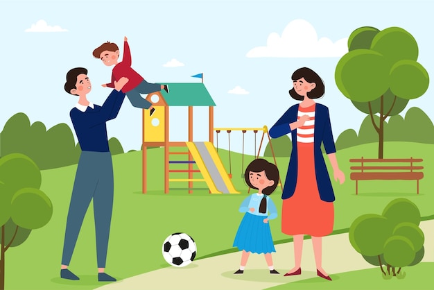 Familia disfrutando al aire libre concepto madre padre hijo e hija caminando en el parque padres juegan con sus