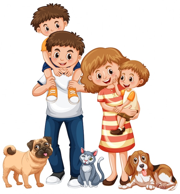 Vector familia con dos niños y mascotas