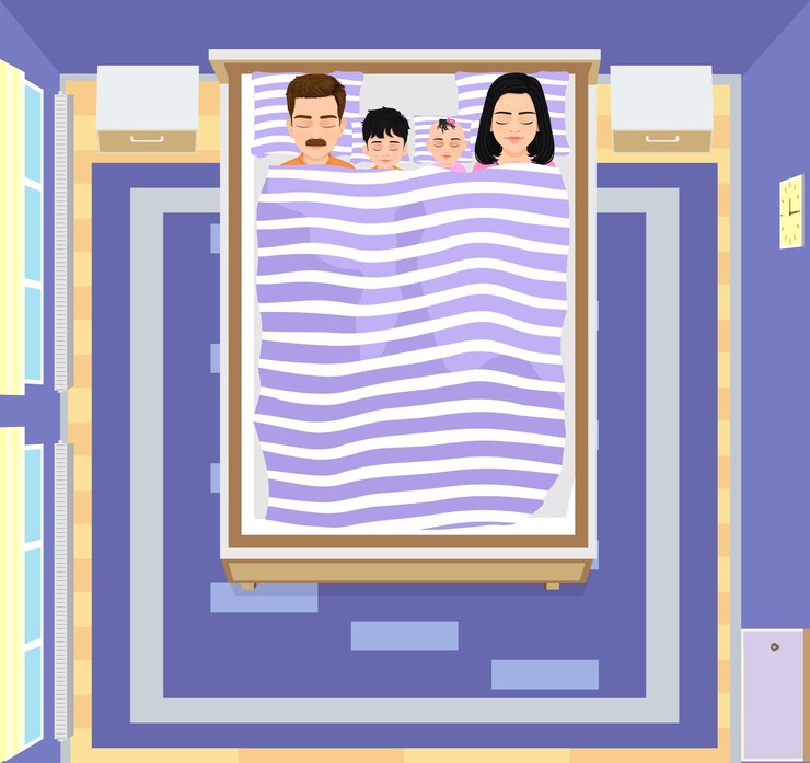 Vector la familia duerme junta en la misma cama.