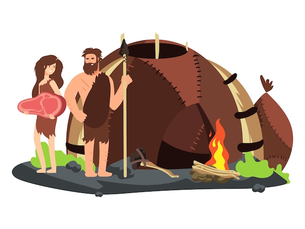 Vector familia de la edad de piedra con chimenea y hogar