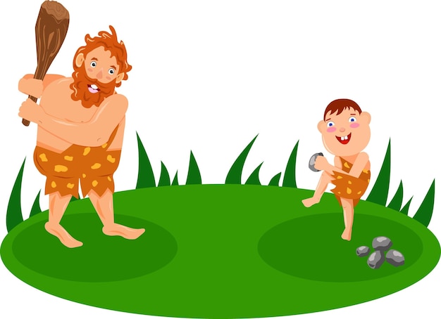 Familia de la Edad de Piedra Vector hombre prehistórico y niño cavernícola e hijo de las cavernas sobre fondo blanco