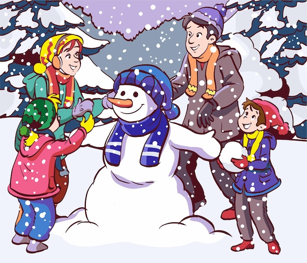familia, elaboración, muñeco de nieve, vector, ilustración