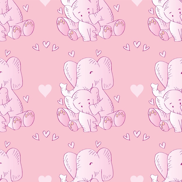 Familia de elefantes rosados con ilustraciones de corazones