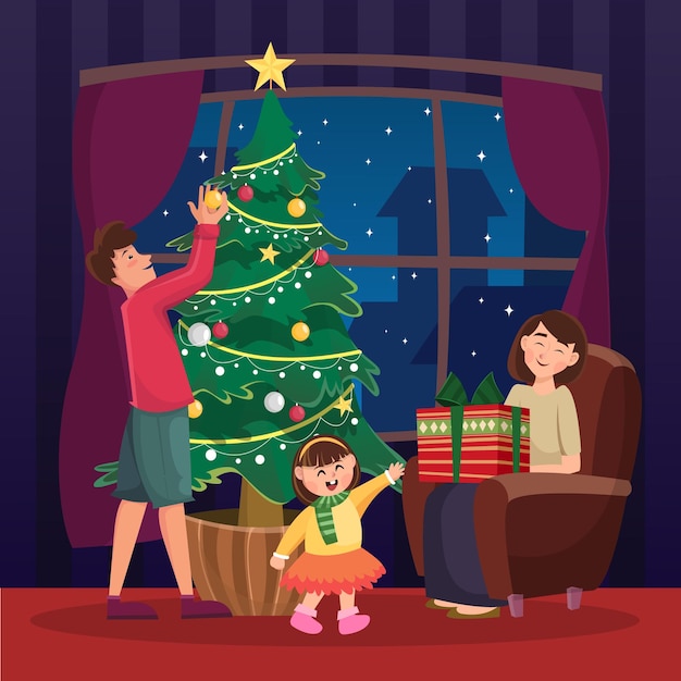 una familia está jugando con un árbol de Navidad y una mujer está sosteniendo un regalo