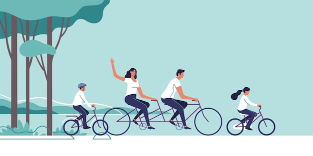 La familia está montando en bicicleta en el fondo del paisaje natural