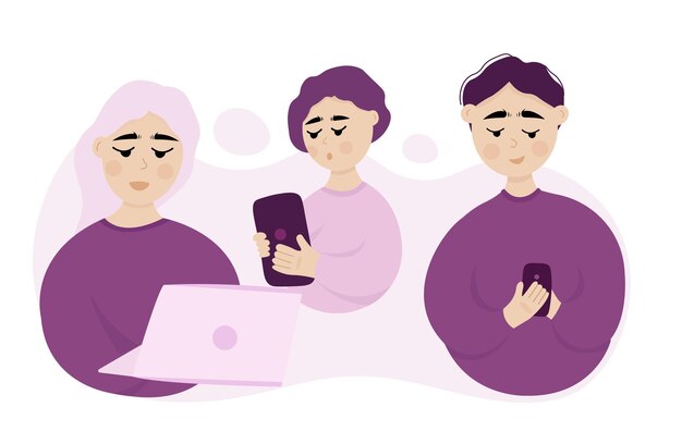 La familia está usando dispositivos juntos, la madre que trabaja en una computadora portátil, el padre y el hijo están revisando las redes sociales.