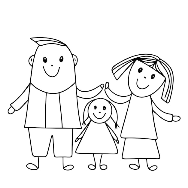 Familia en estilo doodle. Hombre, mujer y niña dibujados a mano. Dibujo vectorial a mano alzada