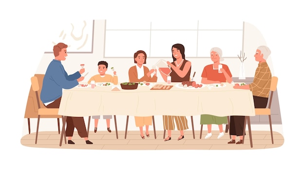 Familia europea sentada en la mesa juntos tienen cena festiva vector ilustración plana niños sonrientes padres y abuelos comiendo bebiendo y hablando entre sí aislados en blanco