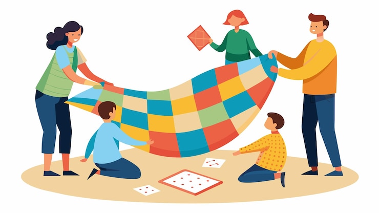 Vector una familia extiende una gran colcha y agrega cuidadosamente varios juegos de mesa y de cartas para jugar