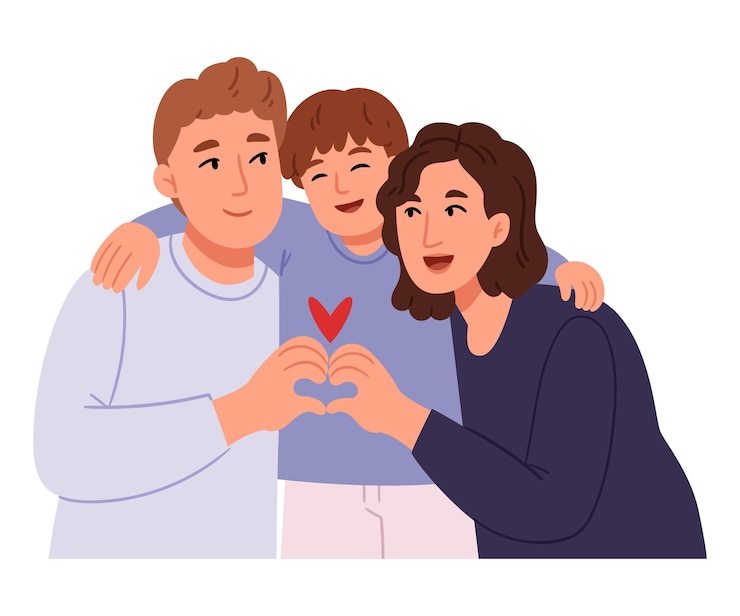 Vector familia feliz abrazando a mamá, papá e hijo símbolo de corazón con manos padres felices abrazando a su hijo adoptivo