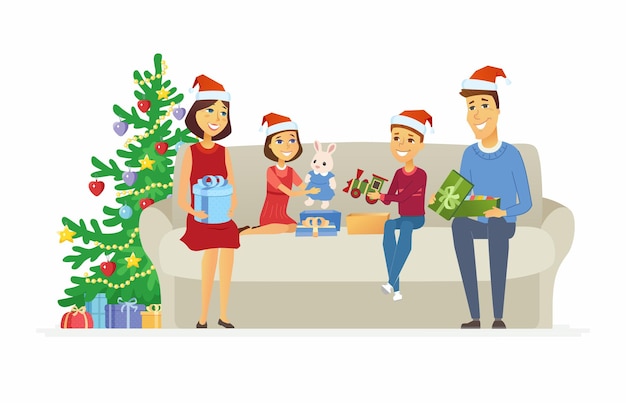 Familia feliz abre regalos de Navidad - personajes de dibujos animados personas illustrationon fondo blanco. Padres e hijos sentados en un sofá cerca del árbol decorado y desenvolver regalos - juguetes
