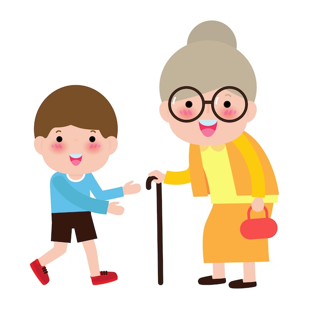 Familia feliz abuela y nieto, niños voluntarios ayudando a la abuela caminando, cuidado de ancianos, cuidador ayudando a mujer mayor retrato ilustración de personaje.