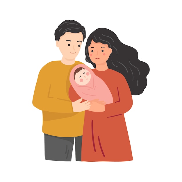 Familia feliz con bebé recién nacido. Ilustración de dibujos animados plana