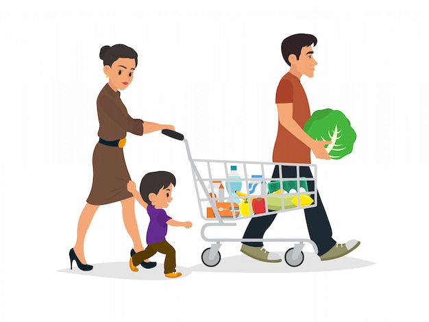 Familia feliz con bolsas de compras.