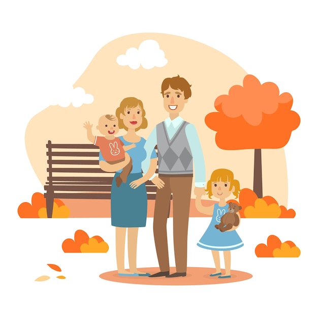 Familia feliz caminando juntos en el parque de otoño Ilustración vectorial