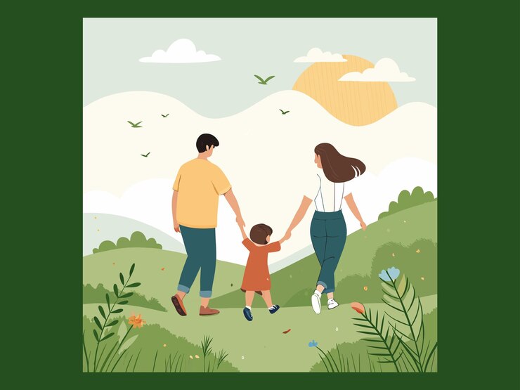 Familia feliz caminando en la naturaleza Ilustración vectorial de padres e hijos al aire libre