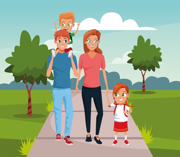 Familia feliz caminando con niños sobre paisaje