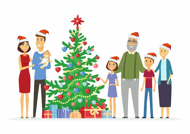 Familia feliz celebra la Navidad - ilustración de personajes de dibujos animados personas sobre fondo blanco. Sonriente madre y padre con hijos y abuelos de pie junto a un árbol decorado con regalos