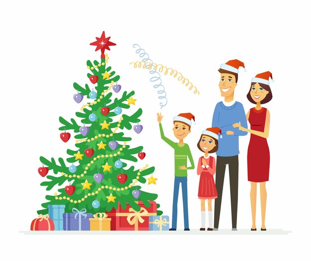 Vector familia feliz celebra la navidad - ilustración de personajes de dibujos animados personas sobre fondo blanco. sonriente madre y padre con niños de pie junto a un árbol decorado con regalos y arrojando oropel